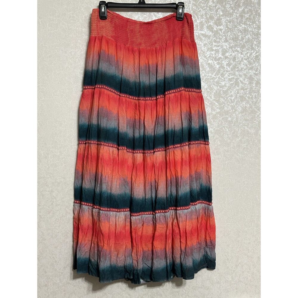 John Mark Tiered Striped Print Shirred Waist Orange Tie dye‎ Maxi Skirt Boho L
